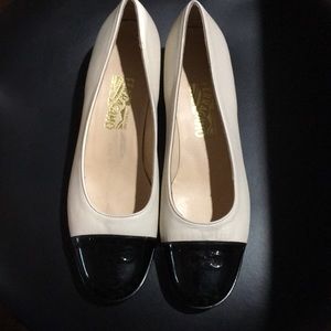 Salvatore Ferragamo  Cream & Black patent shoes.